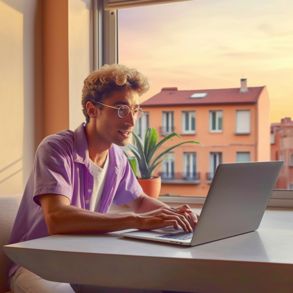 A young remote worker in a cafe in Italy looking with a surprise in his laptop