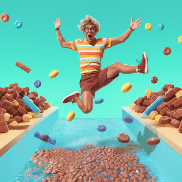 A man flying through the air blunging in a chocolate filled pool