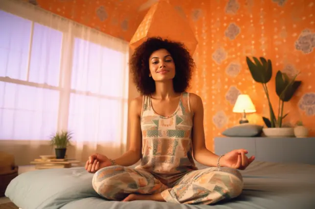 A woman in her bed releasing tension by doing soft physical exercises and meditation