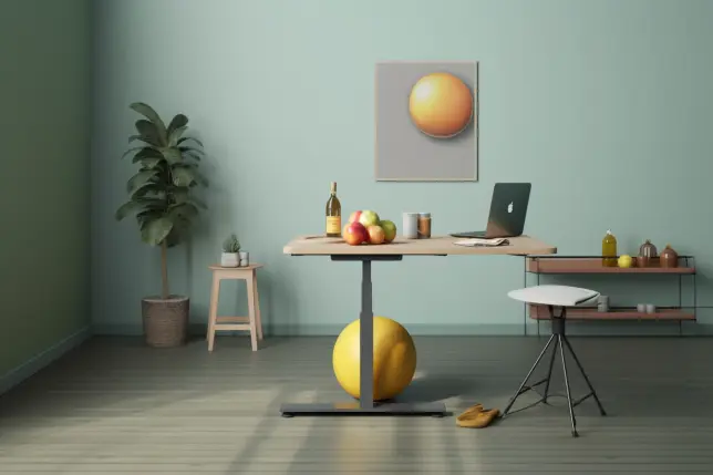 Healthy work-from-home setup to stay healthy with a yoga ball, standing desk and macbook