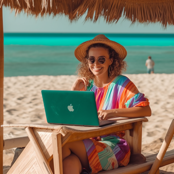 A woman in a beach hut reading tips for working away from home and smiling