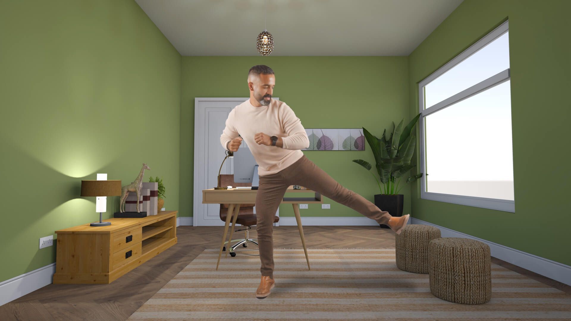 A dad doing his physical activity breaks at home office