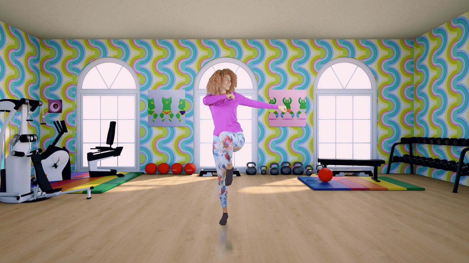 Person doing aerobics in vibrant colorful fitness gym