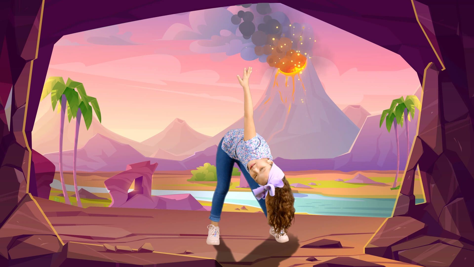 A kid doing stretches with a cartoon volcano background
