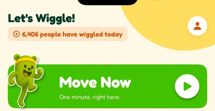 The Wakeout home screen: Let’s Wiggle, a live count of people who wiggled today, and the green Move Now button